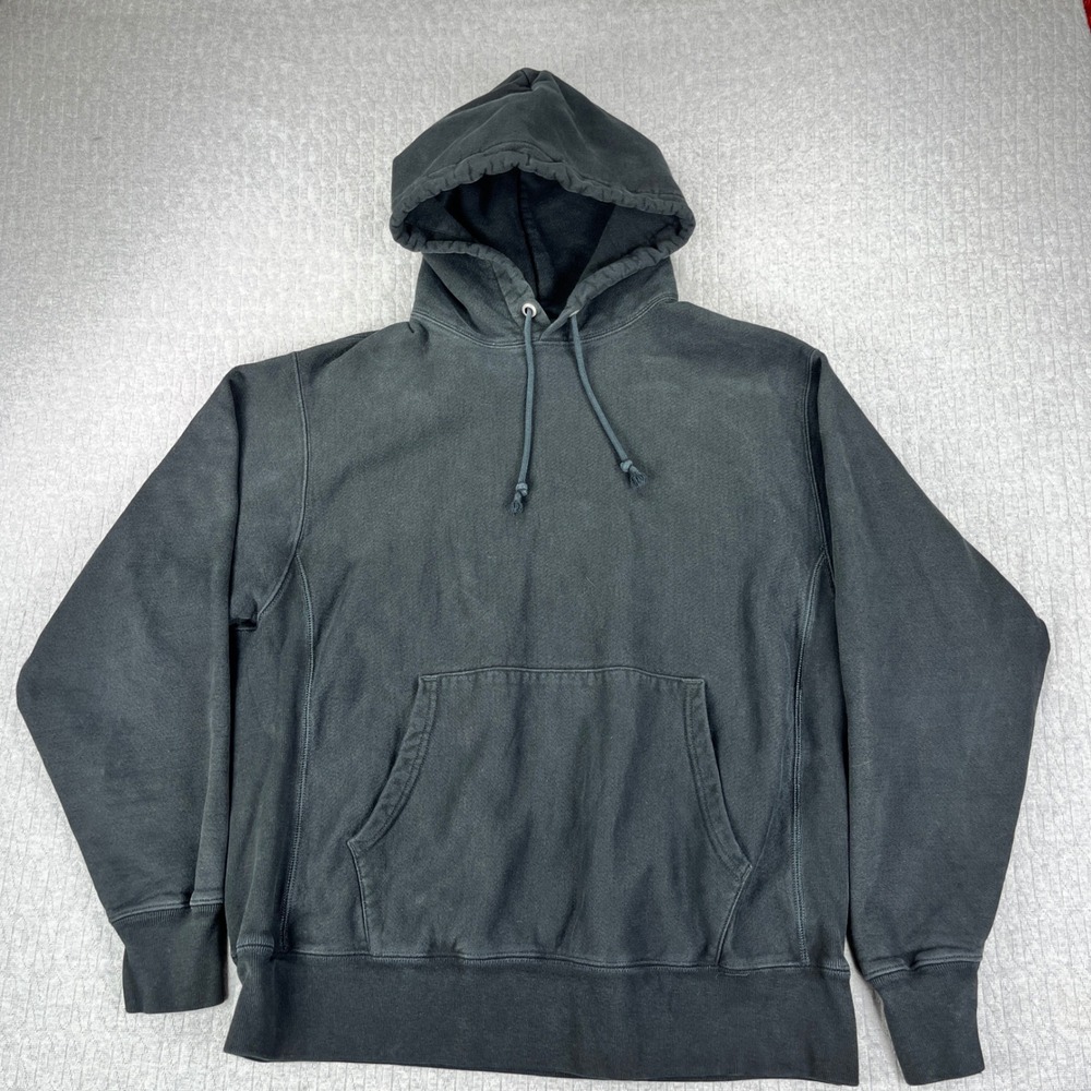 Champion Reverse Weave Blank Hoodie Men Large Black Faded Heavyweight Sweatshirt